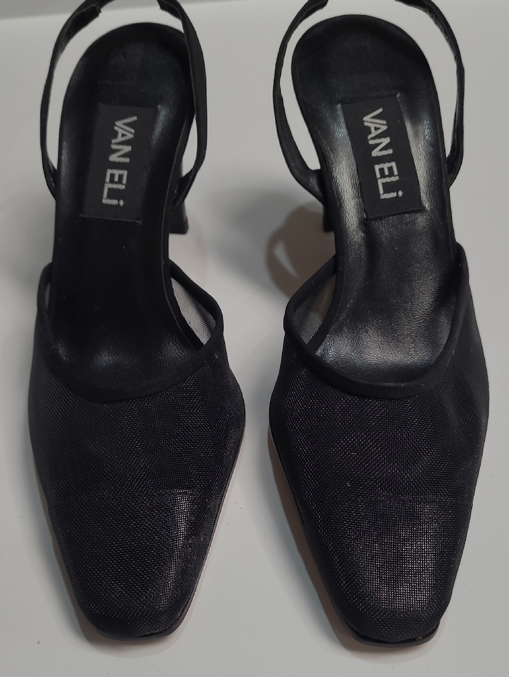 Van Eli Black Fabric Mesh Slingback Square-Toe Heels